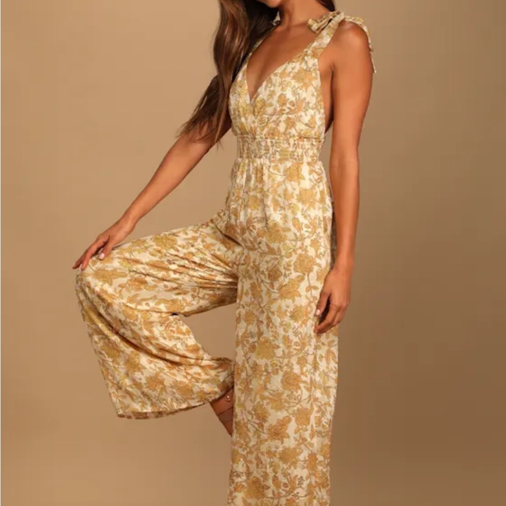 Mustard Yellow and Cream Floral Jacquard Tie Strap Wide Leg Jumpsuit